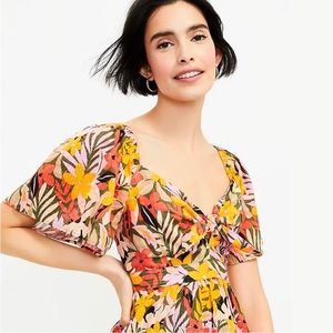 LOFT Tropical Flutter Sleeve Tie Neck Top